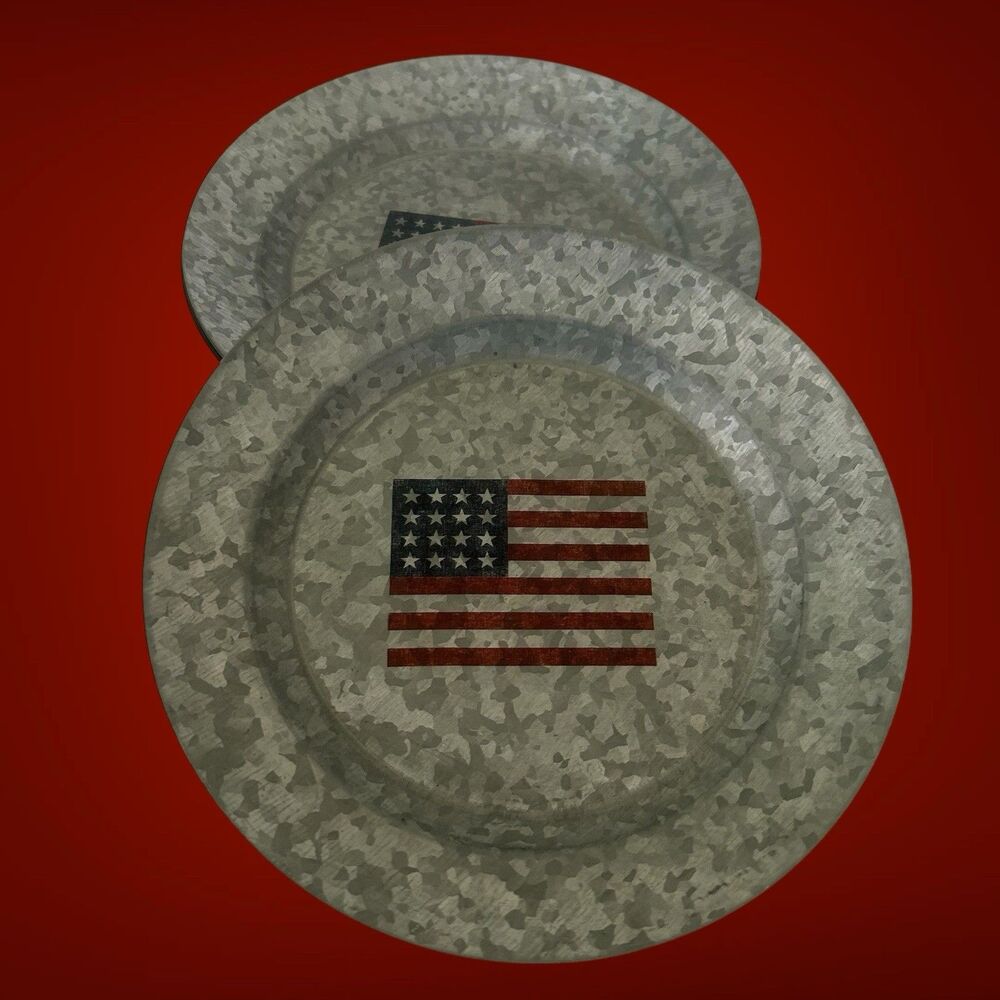 Set Of 6 Pottery Barn Discontinued American Flag Galvanized Metal 9” Plates New - Picture 10 of 10